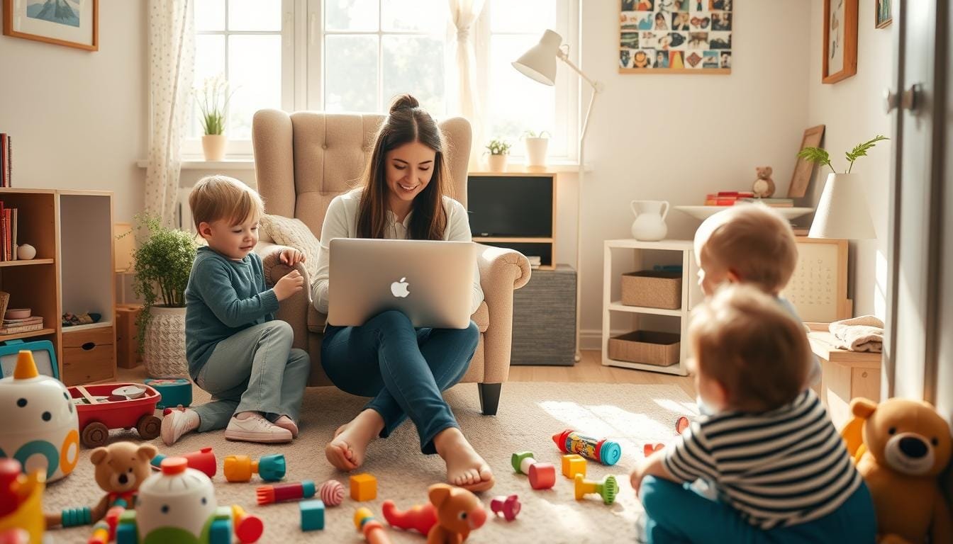 Moeder werkt flexibel met kinderen